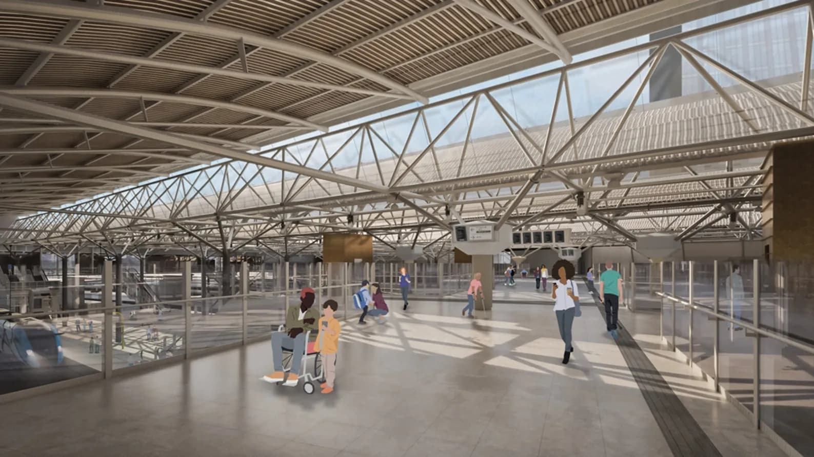 A modern train station interior with a high, metal-latticed ceiling and large windows, showing several people walking or waiting on the spacious platform.