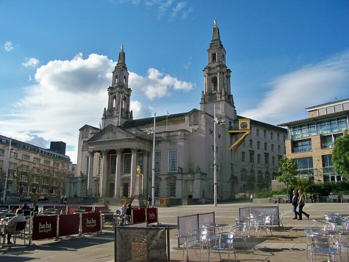 Daytime view of Millennium Square in Leeds with Leeds Civic Hall in the background. Image from Wikimedia Commons.